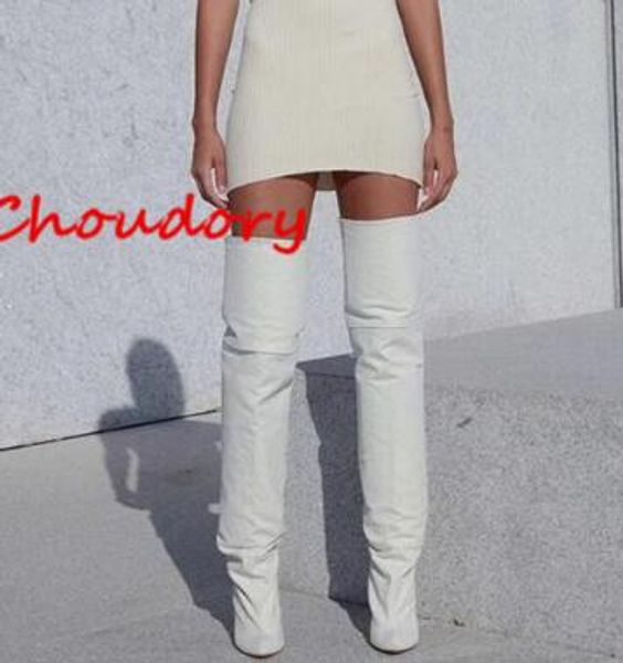 2018 Neuankömmling Damen Oberschenkelhohe Stiefel Kim Kardashian Weißer Mikrofaser-Bootie mit dünnem High-Heel-Overknee-Stiefel in Übergröße