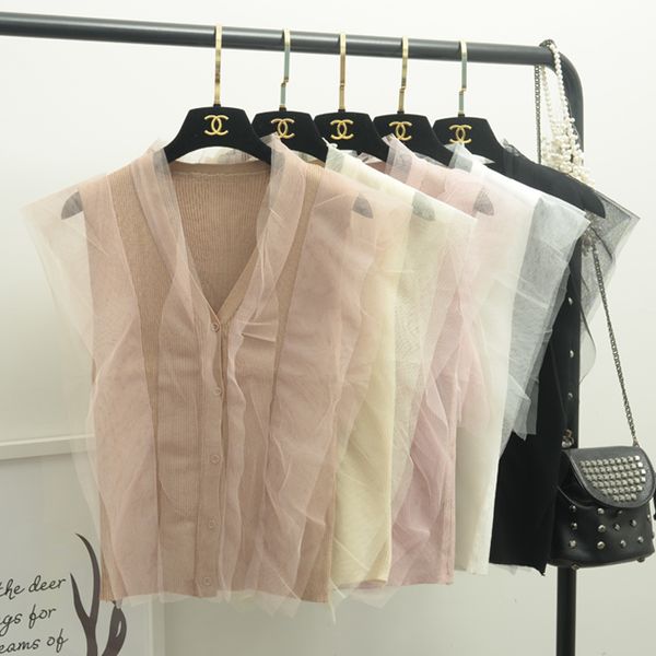 

alphalmoda] 2017 summer korean fashion gauze patchwork v collar women's graceful sleeveless sweater cardigans single breasted, White;black