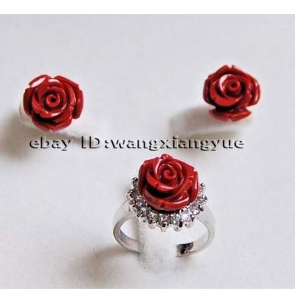 

charming12mm hand carved red coral flower earrings /ring jewelry set, Black