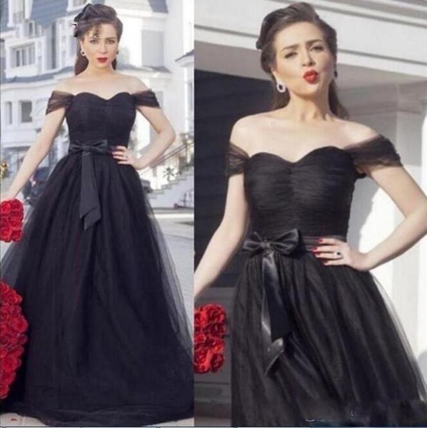 

Sexy Black Tulle Off Shoulder Prom Dresses Pleats long Evening gown Sash Ribbon Floor Length Formal Party Dresses