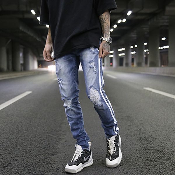 

moto biker men's hole classics version zippers skinny slim fit mens holes style cotton denim ripped jeans striped jeans, Blue