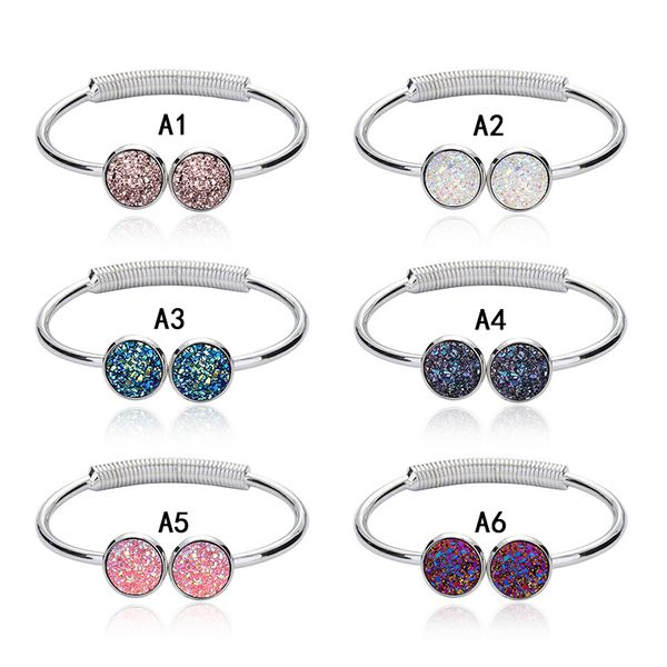 

druzy cuff bangles round natural geode stone rhinestone pave drusy charm expandable wire bracelets for women fashion jewelry, White