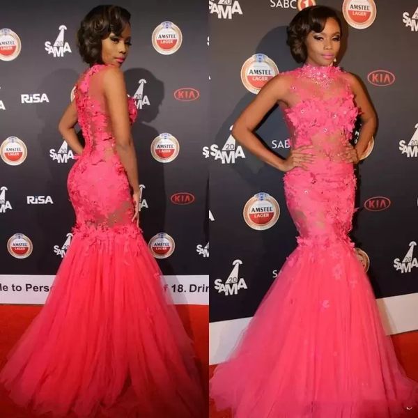 

2019 high neck mermaid prom dresses 3d flower adorned carpet celebrity evening dresses party wear illusion beads lace prom dress party wear, Black;red