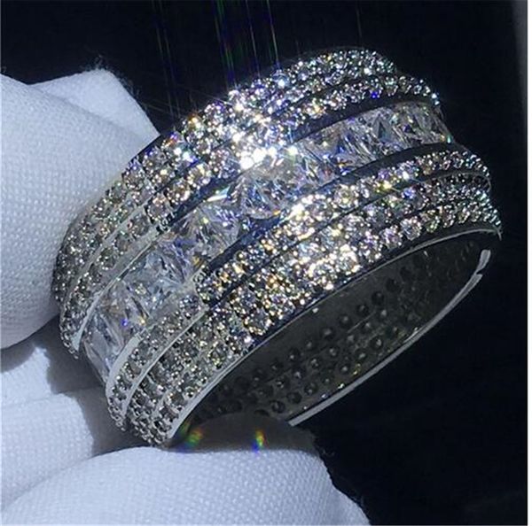 Anel de Dedo De luxo de Luxo cor de Prata 7 Linhas de Diamante Cz Pedra Grande anel de noivado anel de casamento para as mulheres Nupcial Moda Jóias