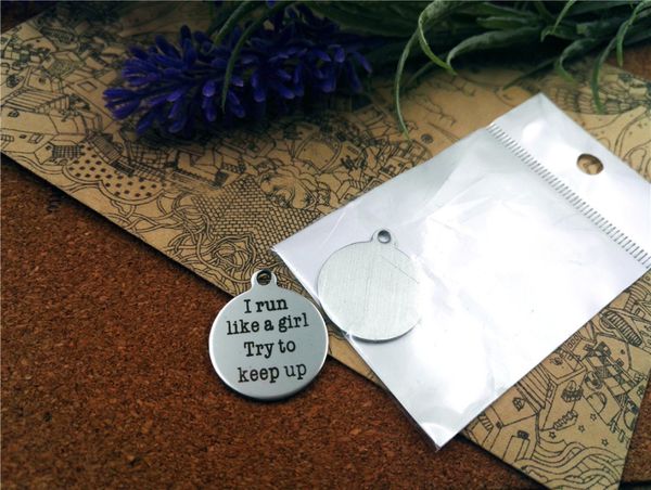 

40pcs--"i run like a girl try to keep up"stainless steel charms more style for choosing diy charms pendants for necklace, Bronze;silver