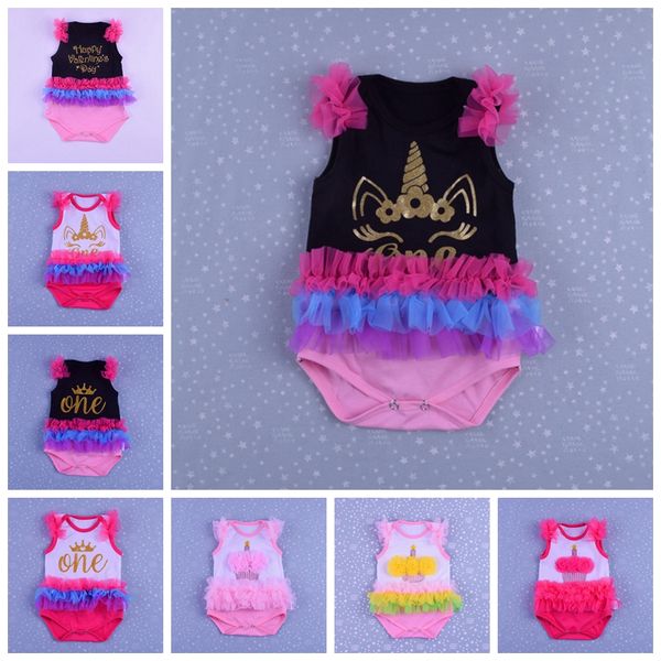 

unicorn 1st birthday cotton infant rompers baby toddler infant clothes colorful lace princess tutu jumpsuits cake valentine day print, Blue