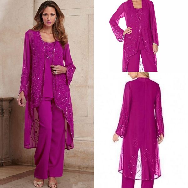 

elegant chiffon mother of the bride pant suits with jacket three pieces beaded sequined bridal wedding guest party gowns mother's dress, Black;red