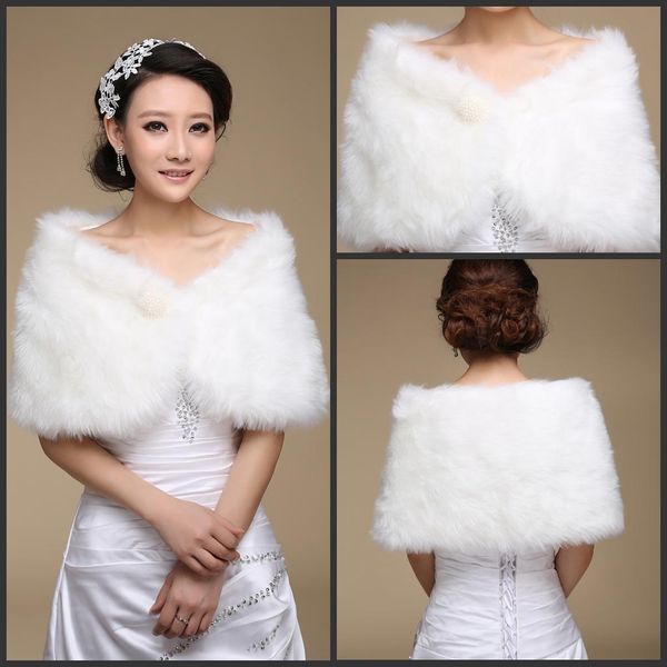 Vintage Short Winter Bridal шаль Обертывание Теплого длинный широкий Pearl искусственный мех для венчания Shrug Cape рукава Вечер партия Bridal Wraps Jacke 15