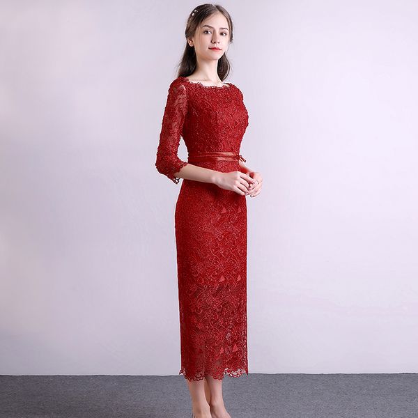 Abiti da cocktail sexy in pizzo rosso scuro, rosso, cocktail, perline applique blu royal scoop maniche a tre quarti cerniera posteriore abito da sera lunghezza tè