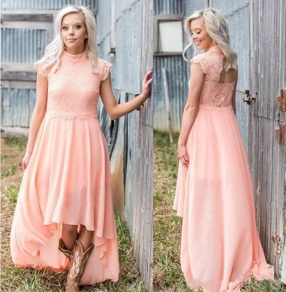Summer Chiffon Lace Bridesmaids Dresses High Neck High Low Outside