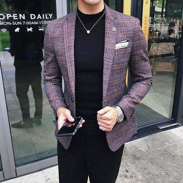 

2018 autumn winter new men fashion business casual slim lattice western-style suit long sleeve coat plaid blazer outwear homme, White;black