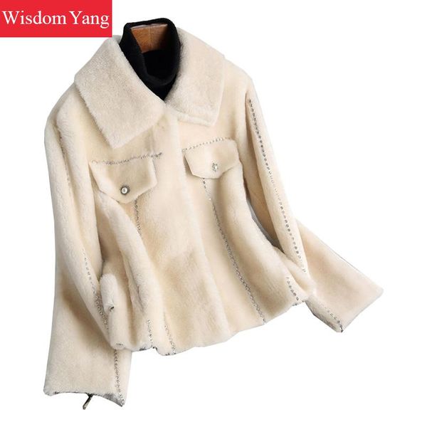 

winter warm sheepskin shearing wool coat beige black khaki jackets coat women short coats diamonds woolen overcoat outerwear