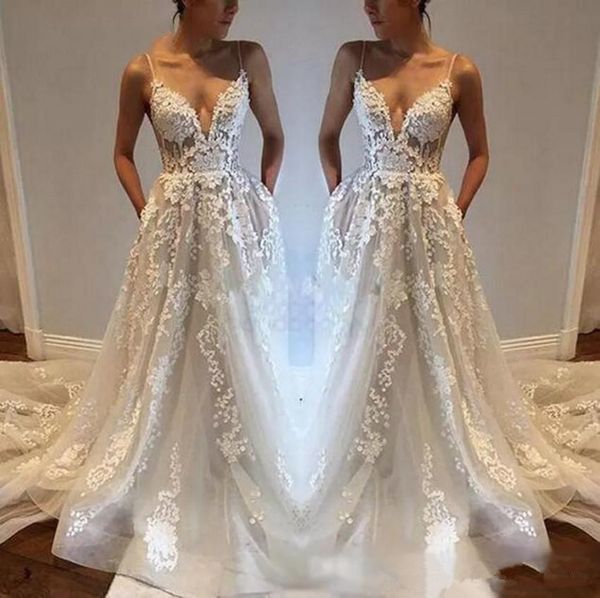 

spaghetti beach wedding dresses 2018 modest full lace applique sweep train backless summer holiday bohemian garden bridal gown, White