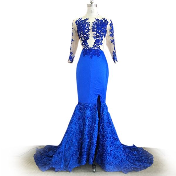 Sexy Africano Vestidos de Baile Azul Royal Com Mangas Compridas Rendas Applique Sereia Designer Evening Vestidos Lado Fenda Vestido Formal Barato