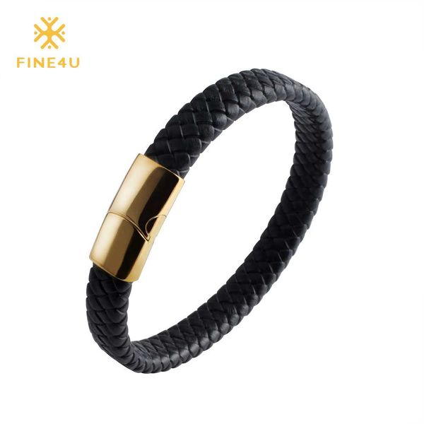 

2018 new fine4u b025 men jewelry genuine braided leather bracelet 316l stainless steel magnetic clasp fashion bangles 3 colors, Black