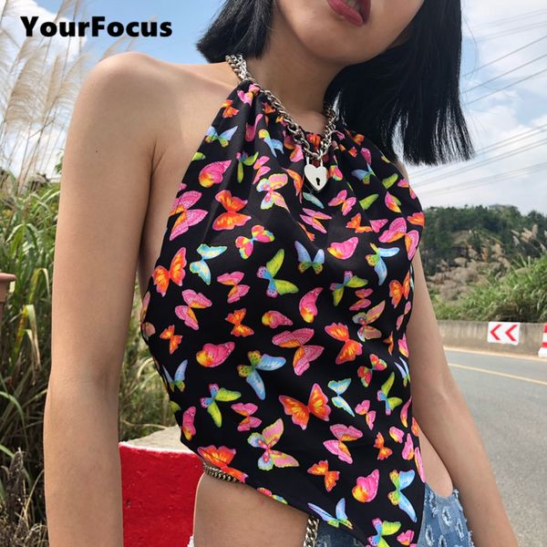

summer harajuku cute girl vintage multicolored butterfly cropped short halter straps backless camis women crop, White