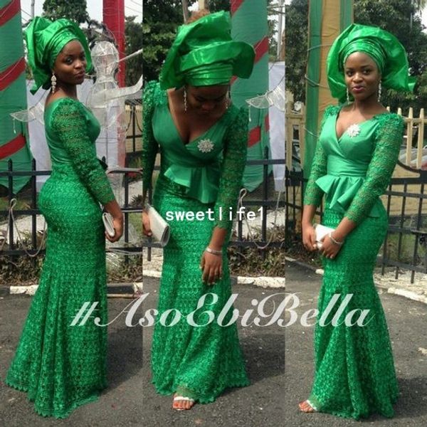 

2019 aso ebi style green lace evening dresses v neck long sleeve mermaid south africa formal prom occasion dresses custom made, Black;red