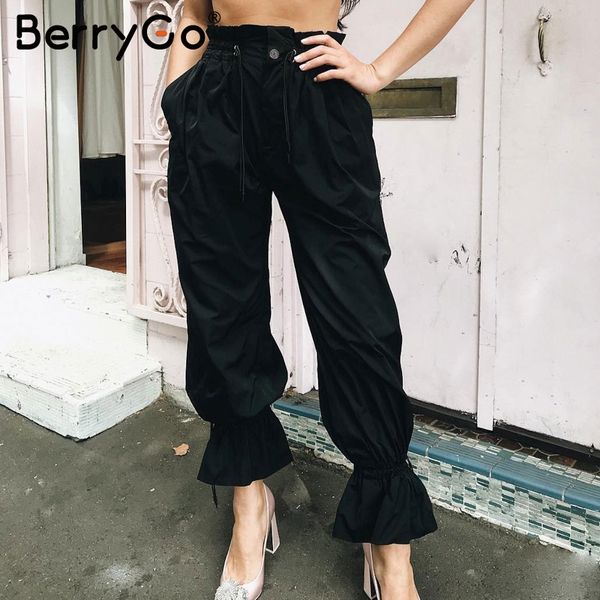 

berrygo sash drawstring flare pants women trousers streetwear high waist black pants 2018 autumn pleated casual capri, Black;white