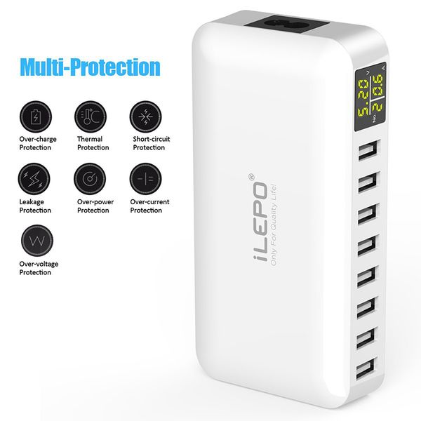 

iLepo 8 Ports USB Charging Station Wall Charger AC Adapter 5V8A Fast Phone iPad Desktop Chargers Plugs with Al Power Tech retail packages