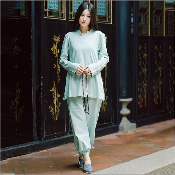 

materials cotton linen yoga suits long sleeves sportswear tai chi suits body-building cosy clothing blouse + pants, Gray
