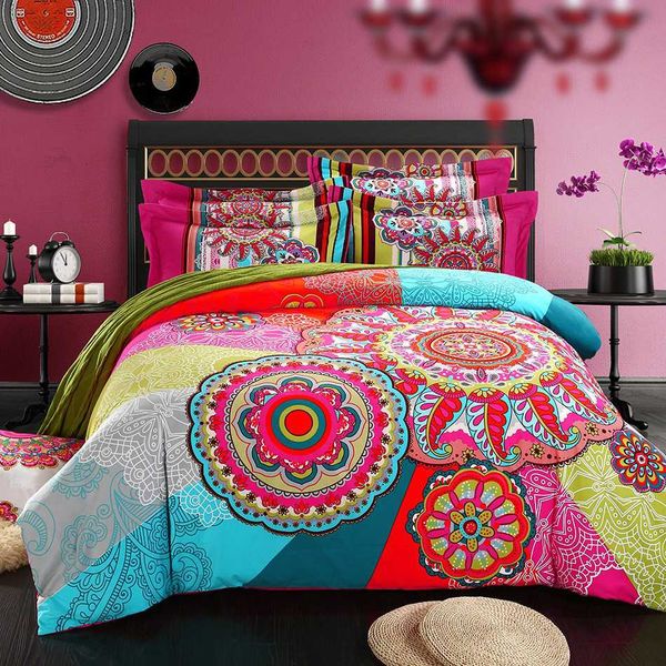 

bohemia ethnic style 100% coon bedding set duvet cover reative printing 4pc  king size 5 styles bed sheet sleeping set