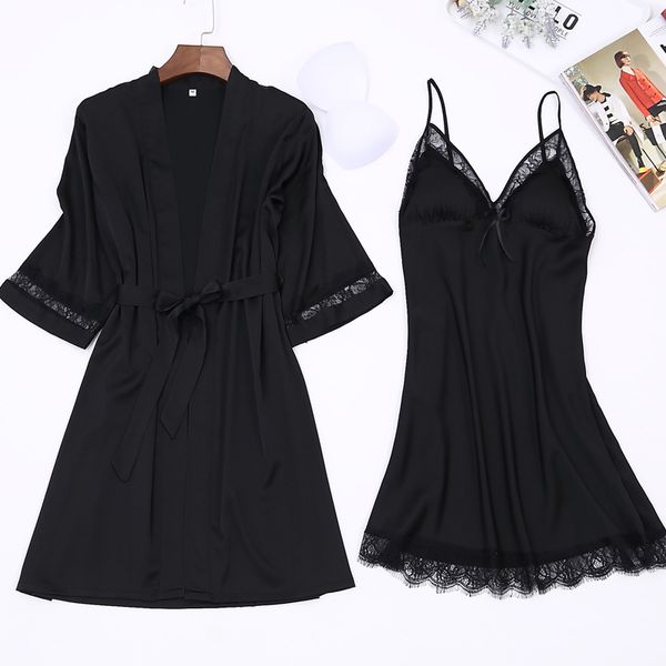 

new black women satin robes casual robe&nightie set lingerie female kimono bathrobe gown lace sleepwear nightwear -xxl, Black;red