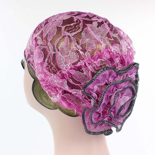 

fashion cap for summer and autumn fashion headgear muslim headscarf hat large flower gold silk lace headgear, Blue;gray