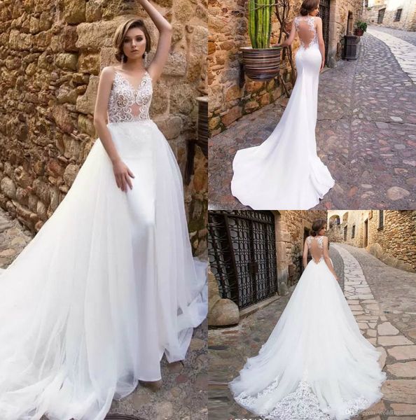 

изящные белые / слоновая кость русалка свадебные платья съемные кружева аппликации поезд атласная замок свадебное платье тюль часовня свадеб, White