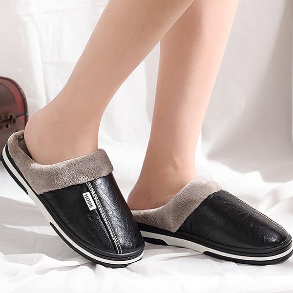 

slippers for man big size 40-50 warm winter home slippers 2018 fashion leather indoors shoes men short plus, Black