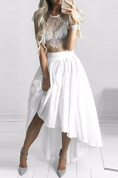 

2023 a-line asymmetrical white lace long high low prom dress sheer scoop neck taffeta two piece beach summer formal party evening gowns, Black