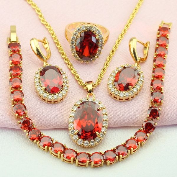 

whole salewpaitkys red cubic zirconia gold color jewelry sets for women wedding decorations earring pendant ring bracelet gift box, Slivery;golden