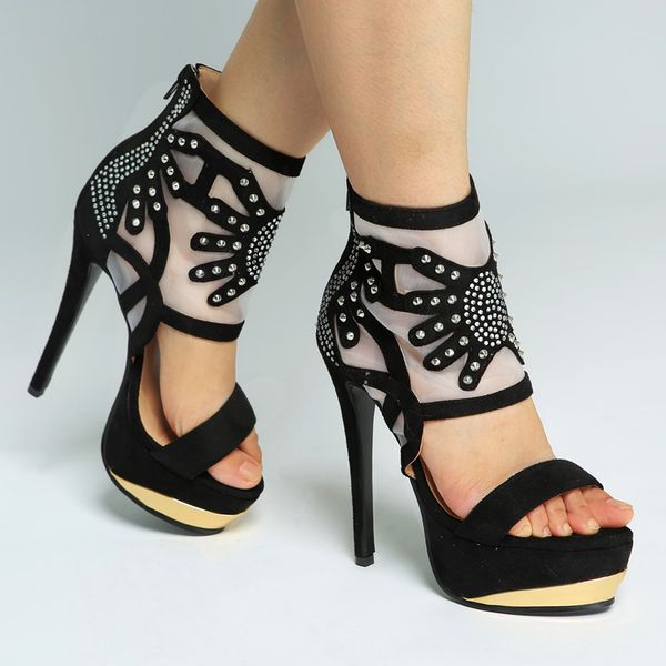 

высокая kolnoo 2019 новое прибытие ручной работы женщин сандалии пятки воздуха-сетки пип-ноги сексуальная пром мода лето туфли n016, Black