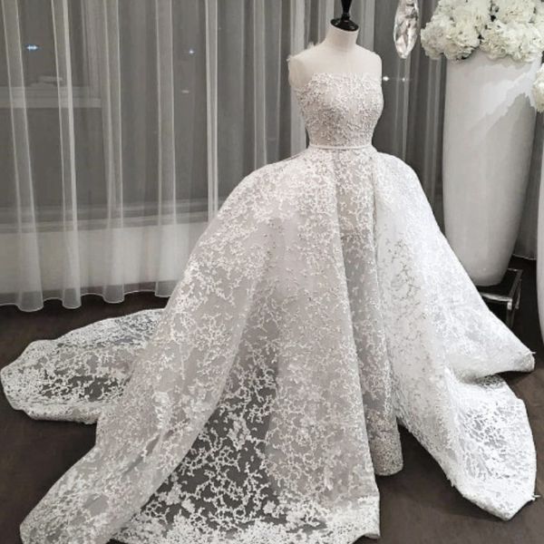 

dubai glamorous mermaid wedding dresses with overskirt strapless full lace ball gown bridal dress saudi arabia princess wedding gowns, White