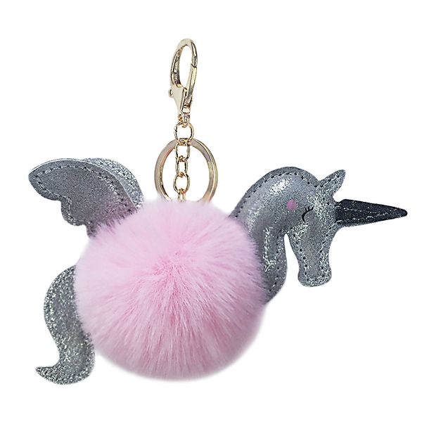 

new idea pu unicorn flying horse hair ball key pendant pendant artificial wool lady bag auto key accessories accessories, Silver