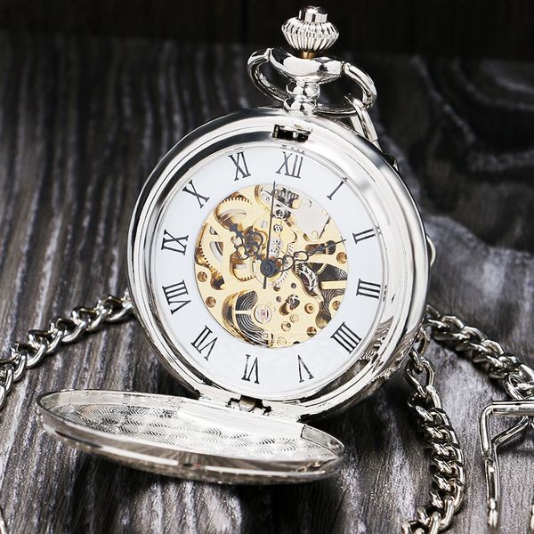 Relógios de bolso vintage prateado número romano assista mecânica double abear case fob watch p803c