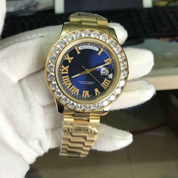 

2019 whosale day-date mens watch 43mm big diamond 18k gold president stainless steel sapphire glass men watches male wristwatch, Slivery;brown