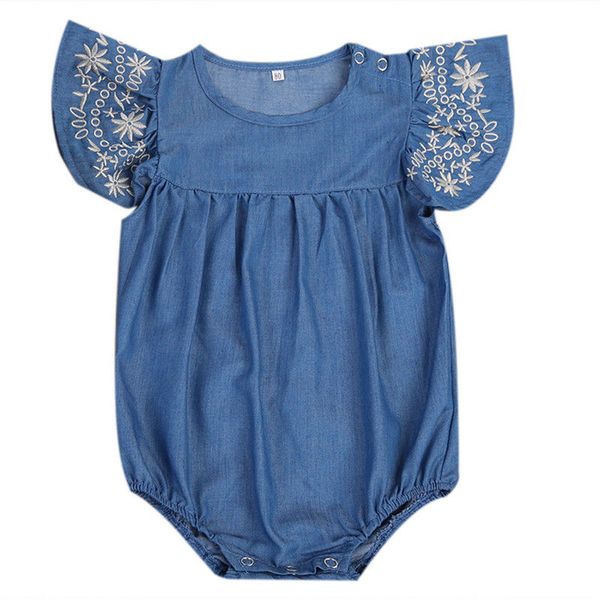 

2017 cute newborn baby girl denim romper fashion infant children kids fly sleeve jean jumpsuit one pieces sunsuit 0-24m, Blue