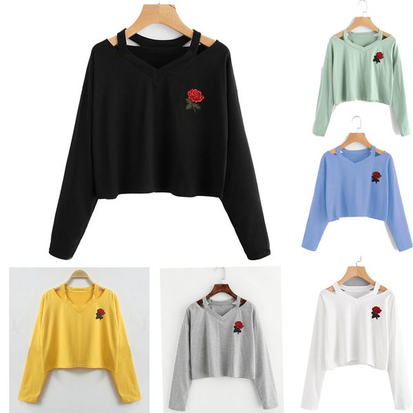 

Fashion Spring Womens Shirts Long Sleeve Off Shoulder Sweatshirt Rose Print Causal Tops Blusa V Neck Jumper Pullover Sweatshirt New