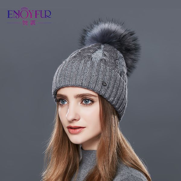 

enjoyfur fashion winter hats caps women rough twist-type cashmere knitted hat female girl thick warm beanie fur pompom gorro, Blue;gray