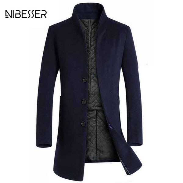 

nibesser men's woolen windbreaker coats trench coat men long slim solid color single-breasted collar men's long trench coat men, Tan;black