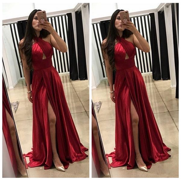 

Halter dark red a line prom dre e 2018 evening gown lit ve tido de fie ta party wear