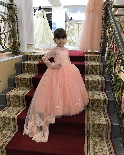 

lace long sleeve ball gown flower girls dresses o-neck with flowers coral lovely girls pageant party dresses with beaded, White;blue