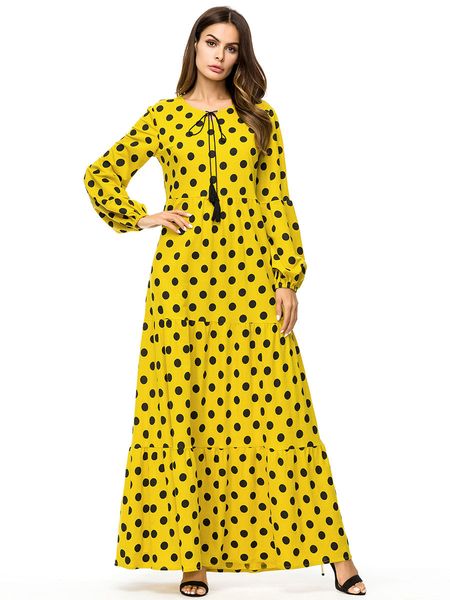 

187195 loose large size women's autumn new plus size wave point printing long paragraph dress baju muslim wanita muslimah ofu tamaitai, Red