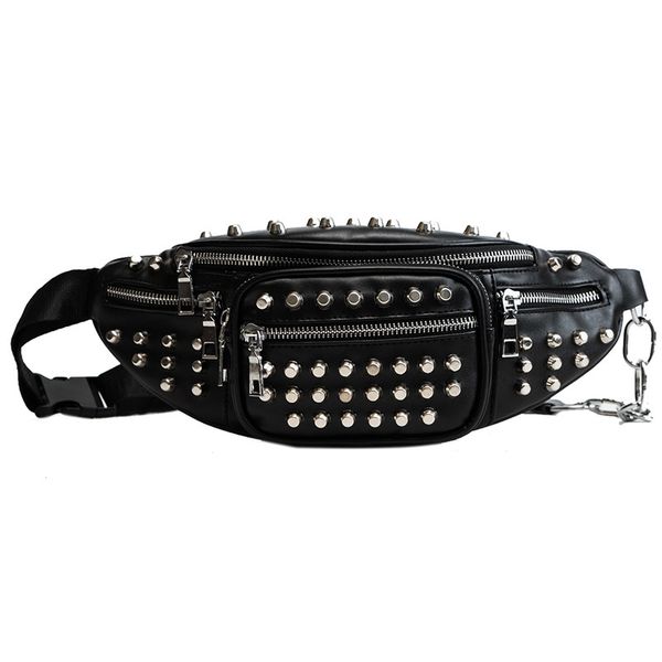 

waterproof fabric rivets pu leather chain waist bag bananka travel leisure fanny pack bum bag women catwalk belly band belt
