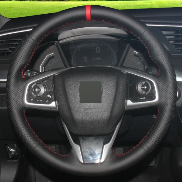 

black genuine leather red marker diy hand-stitched car steering wheel cover for honda civic civic 10 2016