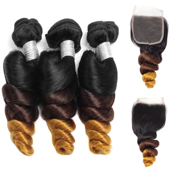 

3 bundles with closure peruvian loose wave hair t1b/4/27 malaysian virgin hair weft ombre indian human hair brazilian loose curly extensions, Black