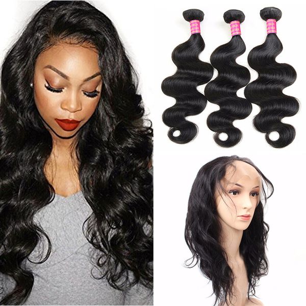 

360 full lace frontal clo ure with bundle mongolian virgin human hair weave body wave exten ion 3bundle with 360 frontal natural color