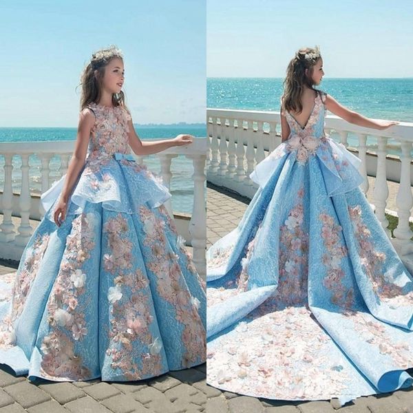 

2018 Vintage Blue Lace Girls Pageant Dresses Ball Gown Children Birthday Party Dresses Teenage Princess Toddler Dresses Sweep Train BA8575