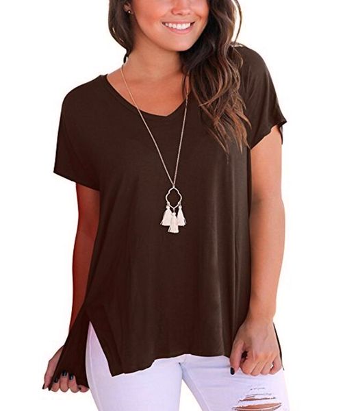 

new sleeve and front spring wear side back short long short seam slit v women's neck summer forked loose t shirt wnlud, Black