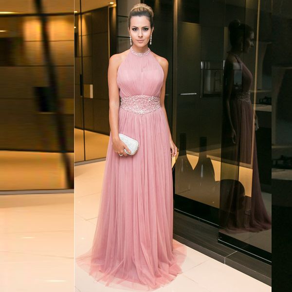 

elegant halter prom dresses long formal sleeveless ruched tulle evening party gowns beaded neck and waist custom made, Black